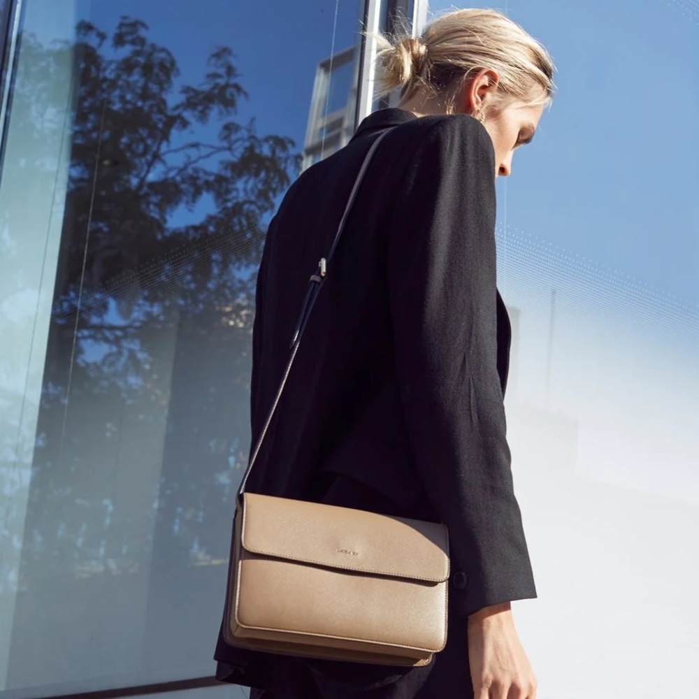 Vegan Luxury AngelaRoi Hamilton Crossbody Signet. Mud Beige.